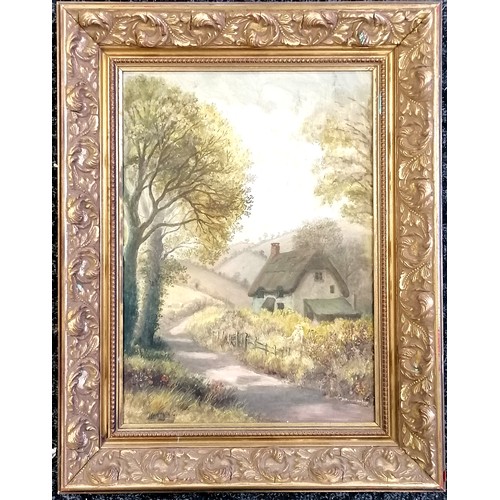 606 - Framed oil painting on metal of a cottage & trees signed Henry W C in a gilt frame - 45cm x 57cm - s... 