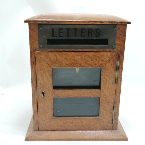 1 - Antique oak & brass mounted letters box with glazed door - 26cm high x 20cm x 15cm ~ lacks key other... 