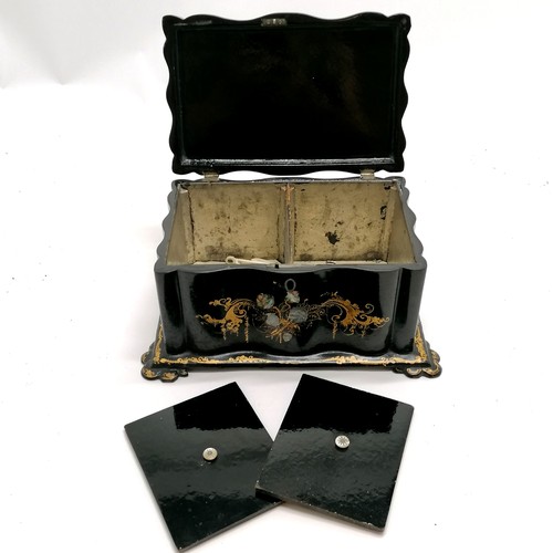 5 - Antique papier mache tea caddy with mother of pearl & handpainted decoration - 24cm x 16cm x 12cm hi... 
