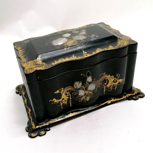 5 - Antique papier mache tea caddy with mother of pearl & handpainted decoration - 24cm x 16cm x 12cm hi... 
