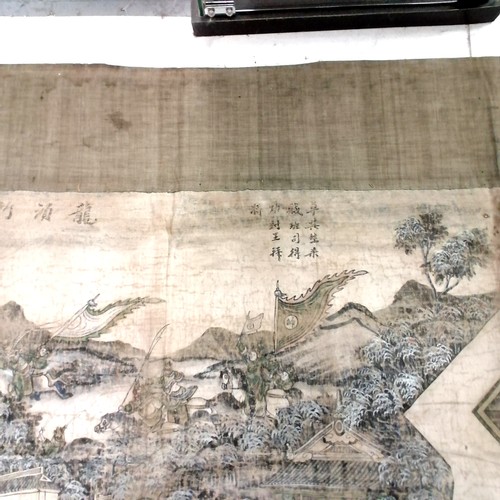 7 - Antique Chinese hand painted silk wall hanging - 350cm x 107cm & has obvious wear