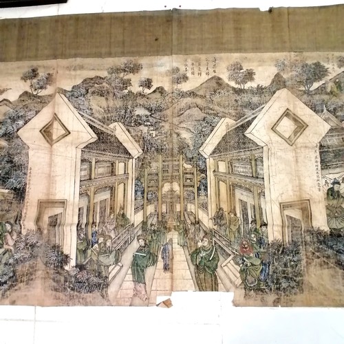 7 - Antique Chinese hand painted silk wall hanging - 350cm x 107cm & has obvious wear