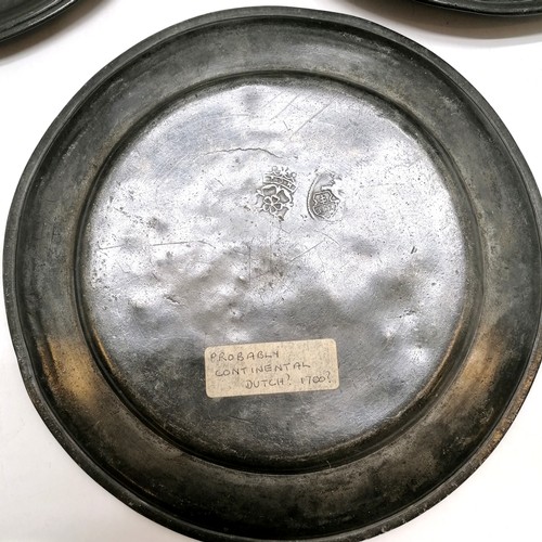 10 - 7 x antique pewter plates / chargers inc 3 continental & 4 with fold-over rim by 'HO London (bird)'-... 