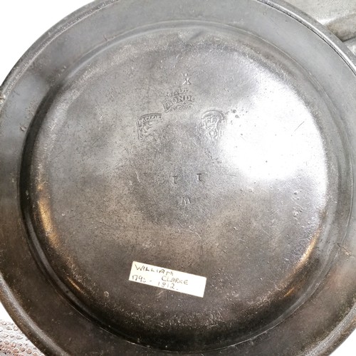 11 - 10 x antique pewter plates / chargers inc labelled on reverse as William Clarke (W Cooke), Samuel Du... 