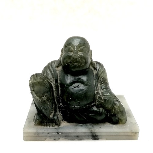 14 - Oriental Chinese hand carved hardstone green seated buddha on a spinach stone base - 6cm high x 7cm ... 