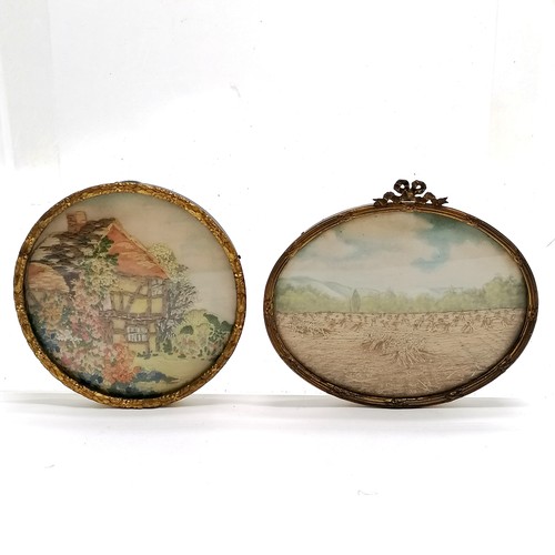 19 - 2 x gilt metal framed miniature needlepoint pictures - oval 9cm across