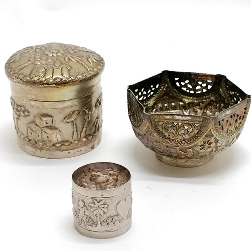 22 - 3 x unmarked white metal / silver Asian items - lidded cannister (8cm diameter), pierced decorated b... 