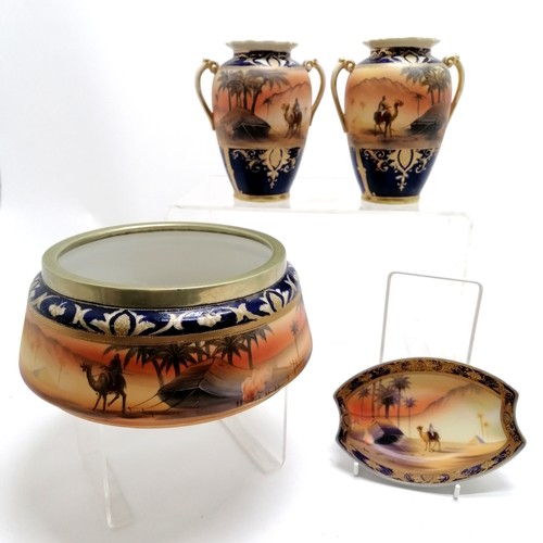 27 - 3 x Noritake camel in desert pattern 22cm diameter bowl (with nickel frame), pair of vases t/w camel... 