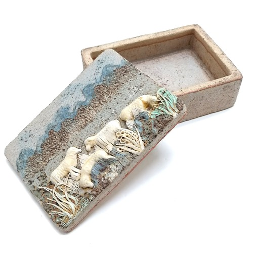39 - Studio art pottery box with lift off lid decorated with sheep - 12.5cm x 9cm x 4.5 cm deep ~ no obvi... 