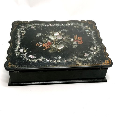 40 - Antique papier mache writing slope with mother of pearl & handpainted decoration to lid with gilt bo... 