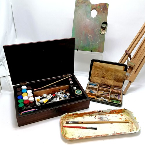 42 - Qty of used artists materials inc antique mahogany box with paints, wooden palette (31cm x 20cm), fo... 