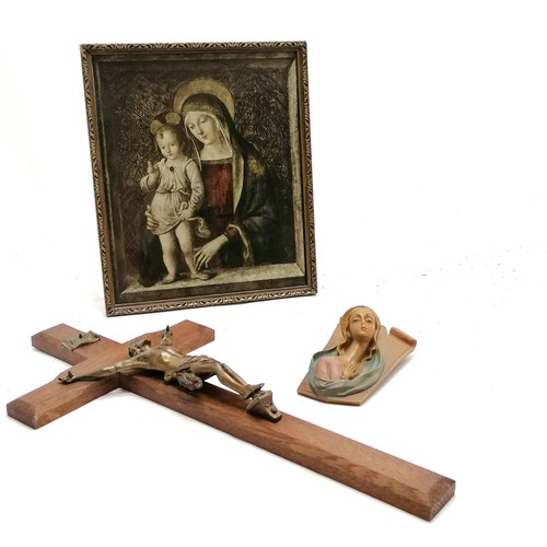 44 - Vintage oak & metal crucifix (37cm) t/w religious wall plaque and a framed print of Madonna and chil... 