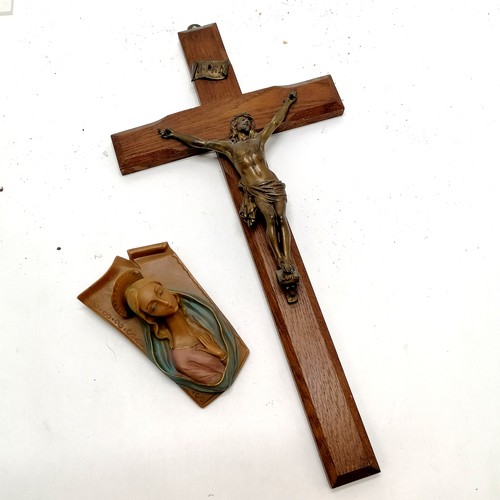 44 - Vintage oak & metal crucifix (37cm) t/w religious wall plaque and a framed print of Madonna and chil... 