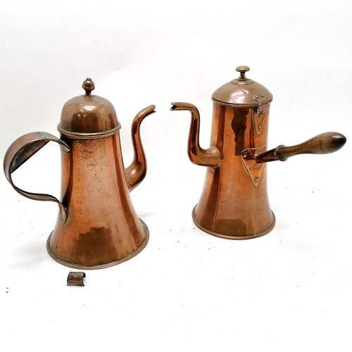 46 - 2 x antique copper coffee pots (1 with wooden handle & 28cm high - the other has tag detail detached... 