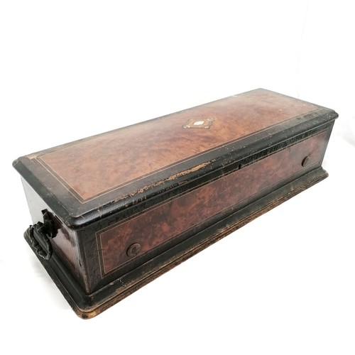49 - Antique amboyna & ebonised cylinder music box (lacking workings) - 75cm x 28cm x 19cm high & has ori... 