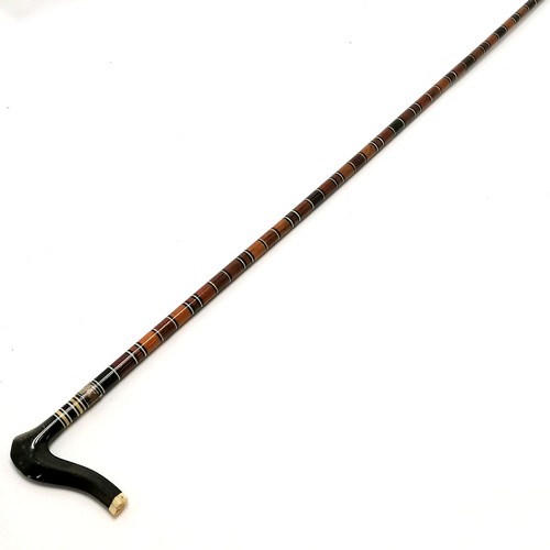 51 - Antique walking stick / cane with sectional banded shaft & horn and bone handle with silver collar -... 