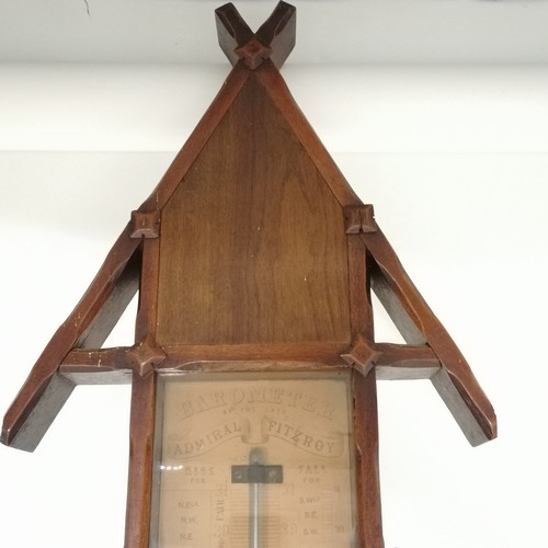 53 - Antique Admiral Fitzroy mercurial gauge barometer in a Gothic revival style oak case - 131cm