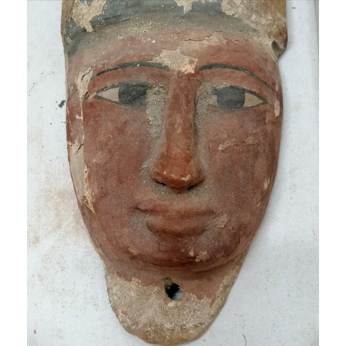 60 - Egyptian wooden hand carved gesso and paint finish death mask with detached carved ears - mask 24cm ... 