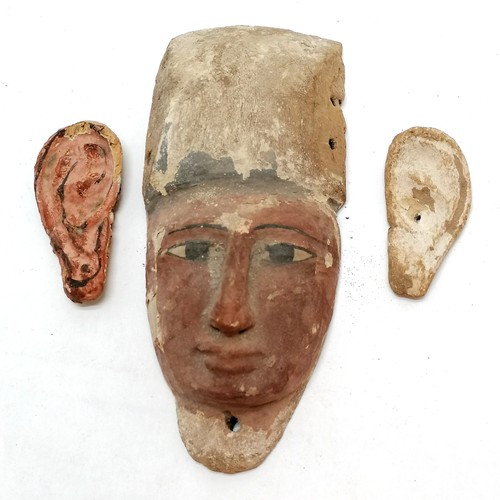 60 - Egyptian wooden hand carved gesso and paint finish death mask with detached carved ears - mask 24cm ... 