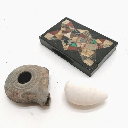 62 - Antique oil lamp (8cm long & old losses to spout), alabaster egg, Victorian pietra dura desk weight ... 