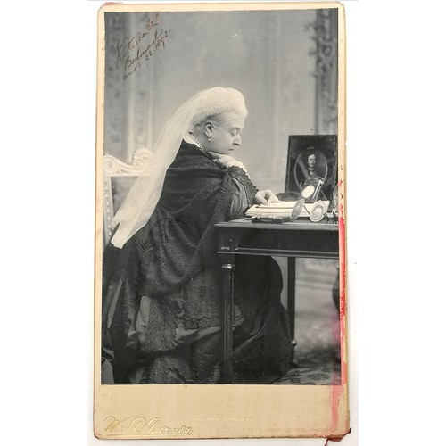 64 - 1892 hand signed (at Balmoral) photograph of Queen Victoria in a red leather case (39cm x 26cm & a/f... 