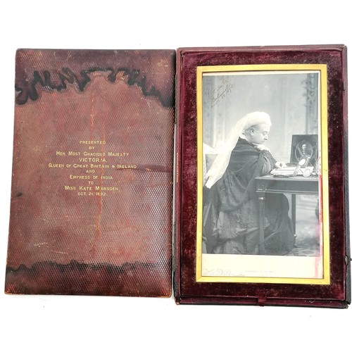 64 - 1892 hand signed (at Balmoral) photograph of Queen Victoria in a red leather case (39cm x 26cm & a/f... 