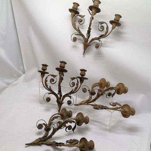 65 - 4 x antique metal & gilt gesso light fittings - 38cm x 36cm across ~ some losses to detail on all & ... 