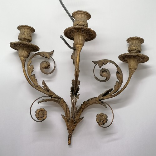 65 - 4 x antique metal & gilt gesso light fittings - 38cm x 36cm across ~ some losses to detail on all & ... 