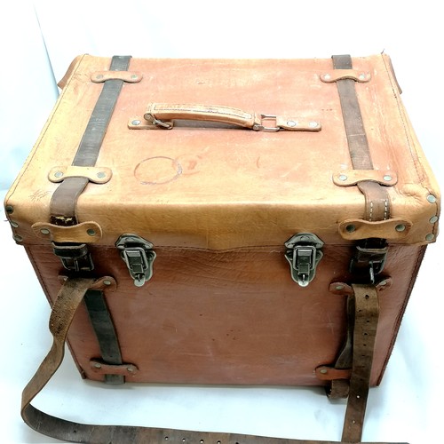 70 - Vintage brown leather trunk - 52cm x 40cm x 44cm high ~ has water damage to 1 corner but otherwise i... 