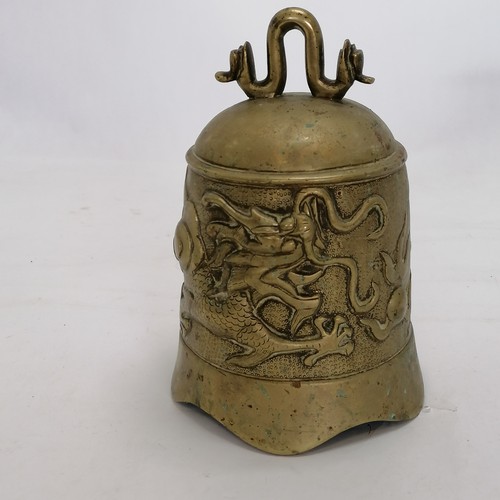 85 - Oriental bronze temple bell with 5 toe dragon detail 22cm high