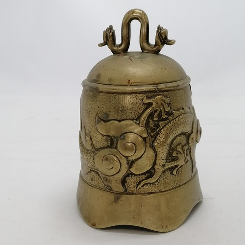 85 - Oriental bronze temple bell with 5 toe dragon detail 22cm high