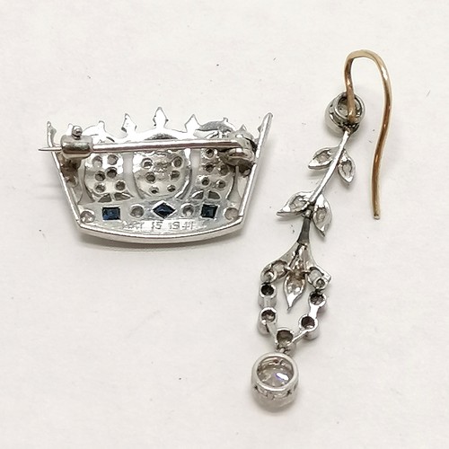 101 - Diamond & blue stone set naval crown brooch in unmarked platinum dated on reverse May 15 1941 t/w un... 