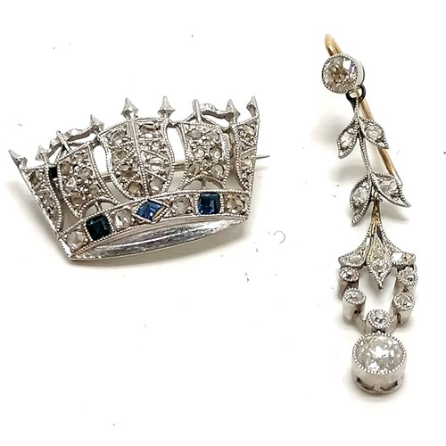 101 - Diamond & blue stone set naval crown brooch in unmarked platinum dated on reverse May 15 1941 t/w un... 