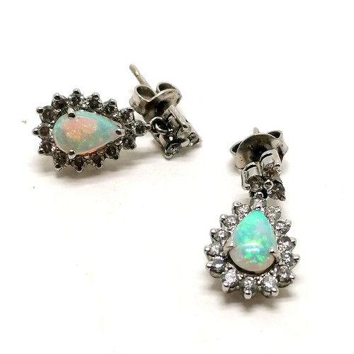 103 - 18ct hallmarked white gold opal & diamond drop earrings - 2cm drop & 4.9g total weight - SOLD ON BEH... 