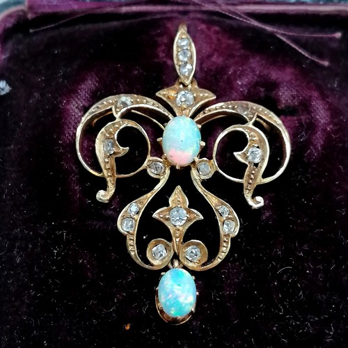 104 - Antique unmarked gold (touch tests as 18ct) Art Nouveau opal & diamond brooch / pendant in original ... 