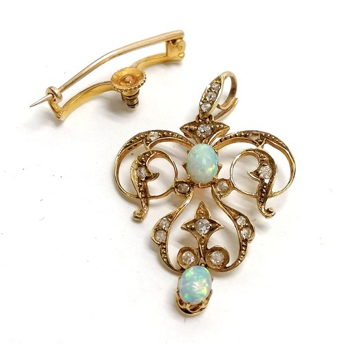 104 - Antique unmarked gold (touch tests as 18ct) Art Nouveau opal & diamond brooch / pendant in original ... 