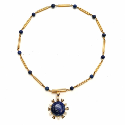 107 - Antique unmarked touch tests as high carat gold necklace with lapis lazuli beads (45cm) with detacha... 