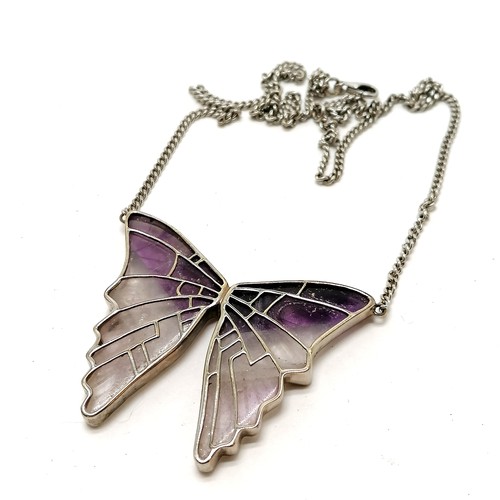 114 - 9ct marked white gold carved amethyst butterfly pendant necklace by C J Vinten in original box with ... 