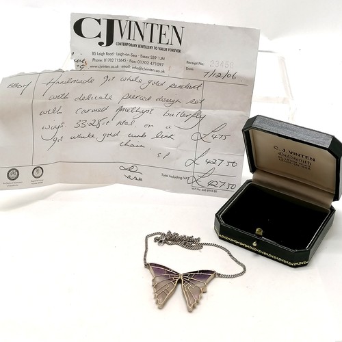 114 - 9ct marked white gold carved amethyst butterfly pendant necklace by C J Vinten in original box with ... 