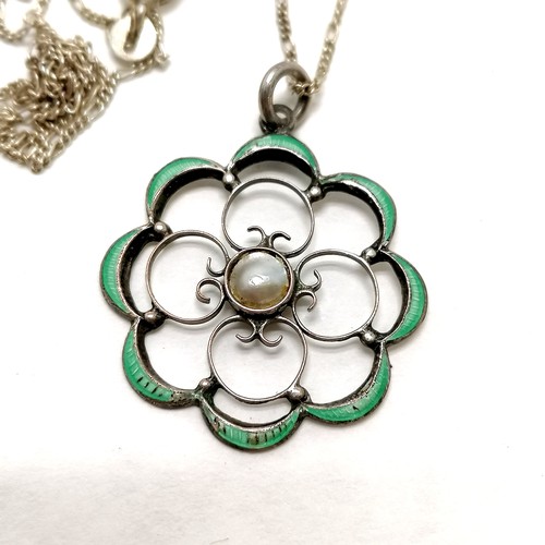 143 - Silver green enamel pearl flower pendant on a silver marked chain (40cm) - slight a/f to enamel - SO... 