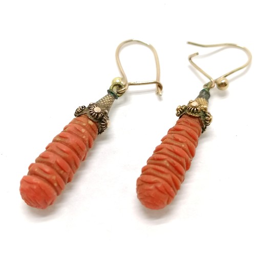 145 - Pair of antique carved coral (with rose terminals) drop earrings with replacement wires - 4cm drop &... 