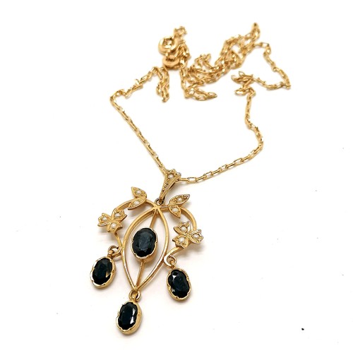 163 - Art Nouveau design 9ct hallmarked gold pendant set with sapphires & seed pearls (3.5cm drop) on a 9c... 