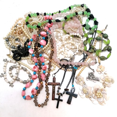 208 - Qty of mostly necklaces inc rose quartz, mock pearl, glass bead etc t/w rosary, cross etc - SOLD ON ... 