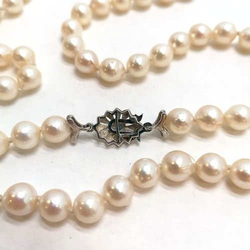 216 - 62cm strand of pearls with a 750 white gold clasp set with a blue stone - missing a claw - SOLD ON B... 