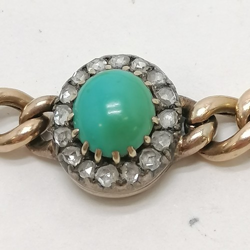 241 - Antique 15ct marked gold bracelet with diamond & turquoise set centre decorated panel (12mm diameter... 