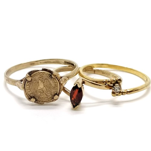 245 - 3 x 9ct hallmarked rings - Mexico coin (P½), garnet (M) & diamond (M½) - 3g total weight