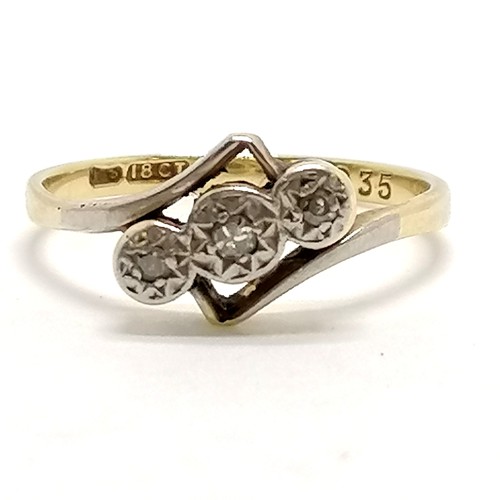 255 - Antique 18ct marked gold 3 stone diamond crossover ring - size L½ & 2g total weight