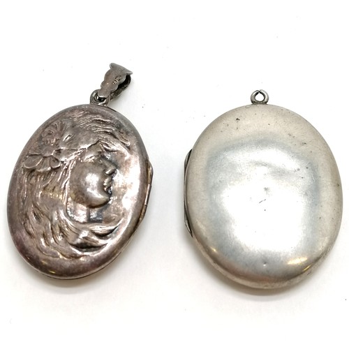 265 - 2 x silver lockets - 1 has a Art Nouveau style ladies head design (4.5cm drop), the engraved locket ... 