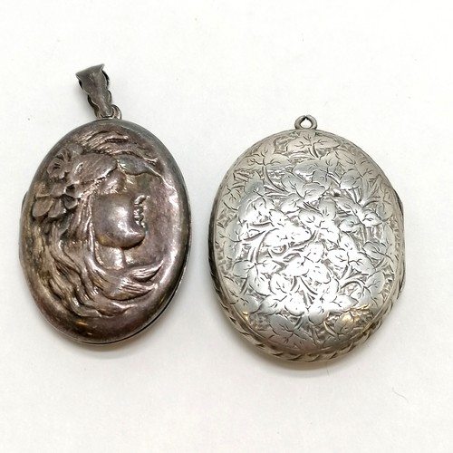 265 - 2 x silver lockets - 1 has a Art Nouveau style ladies head design (4.5cm drop), the engraved locket ... 