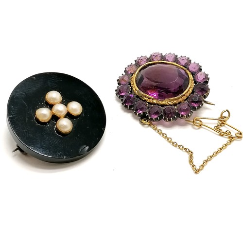 271 - 2 x antique brooches - purple paste & onyx / pearl (2.5cm diameter & slight a/f)